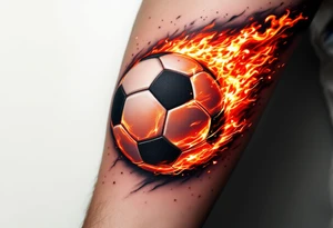 A hyper-realistic soccer ball on fire, shaded in deep reds, oranges, and black. tattoo idea