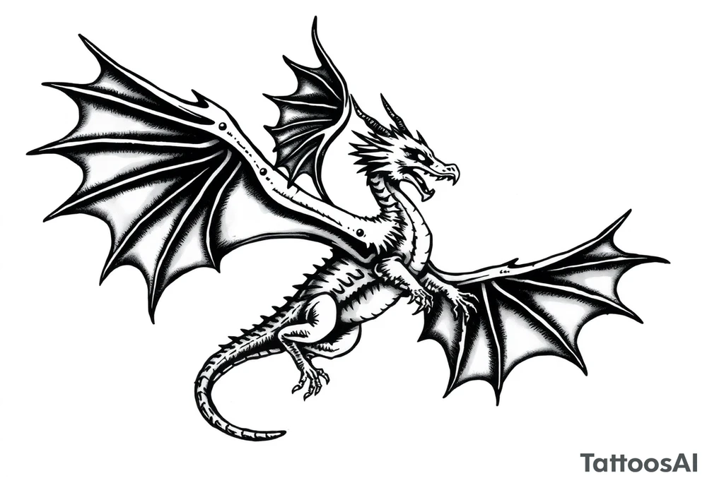 Dragon flying with outstretched wings on both sides and a long and slender body and outstretched tail tattoo idea