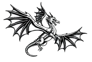 Dragon flying with outstretched wings on both sides and a long and slender body and outstretched tail tattoo idea