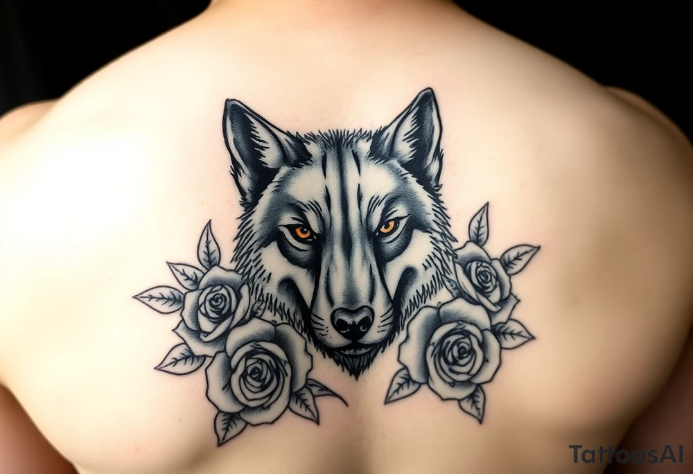 All black wolf with orange eyes surrounded by blue roses tattoo idea