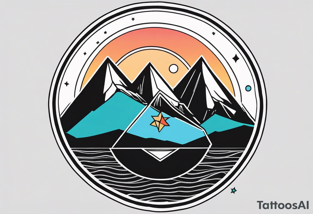 fineline style, black, no fill, mountain massif, one Peak, water wave, a large semi-circle with two small colored stars frames the mountain peak, an open diamond as a geometric shape with dashed lines surrounds everything with the water overhanging the diamond, tattoo idea