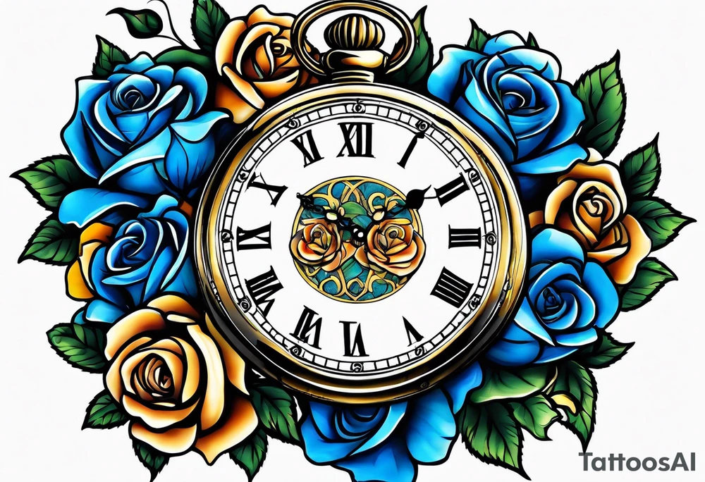 Pocket watch with blue roses tattoo idea
