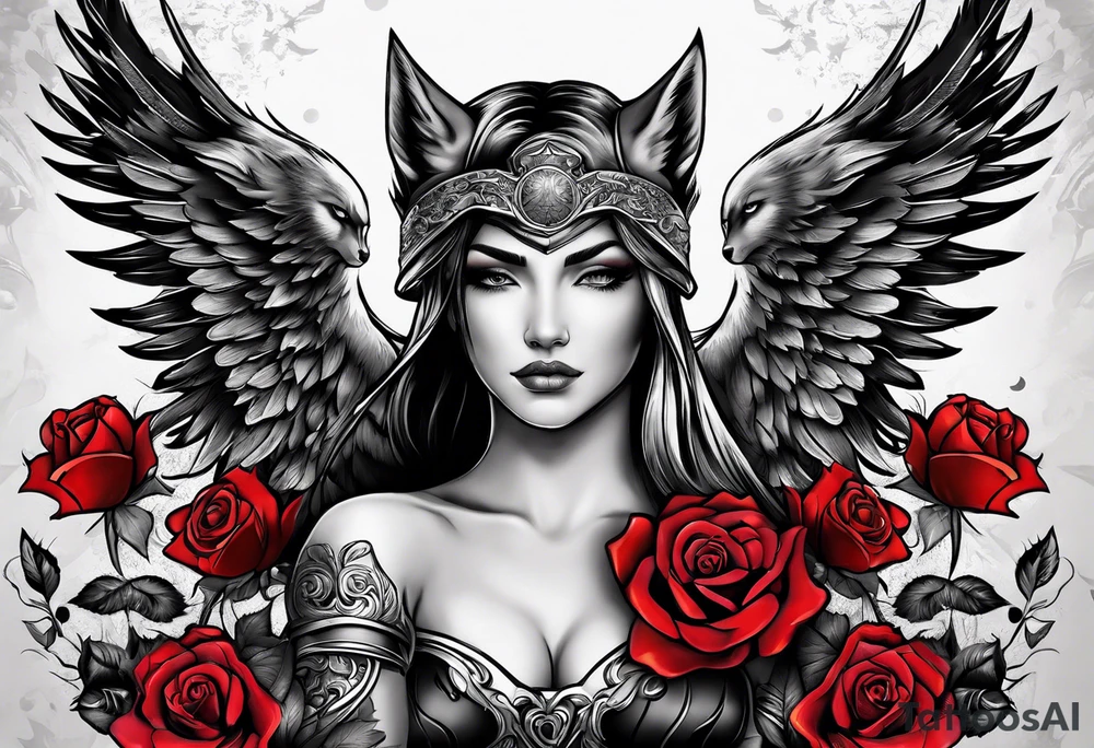 Armored Angel woman with a wolf and a colored rose tattoo idea