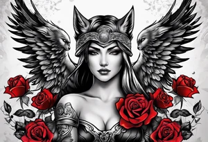 Armored Angel woman with a wolf and a colored rose tattoo idea