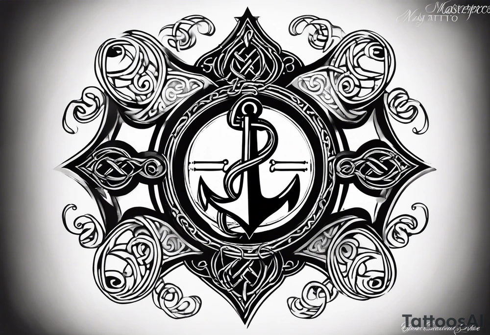 Celtic styling, anchor, compass, bass clef note, treble clef note, dog paw print, half sleeve, forearm tattoo idea