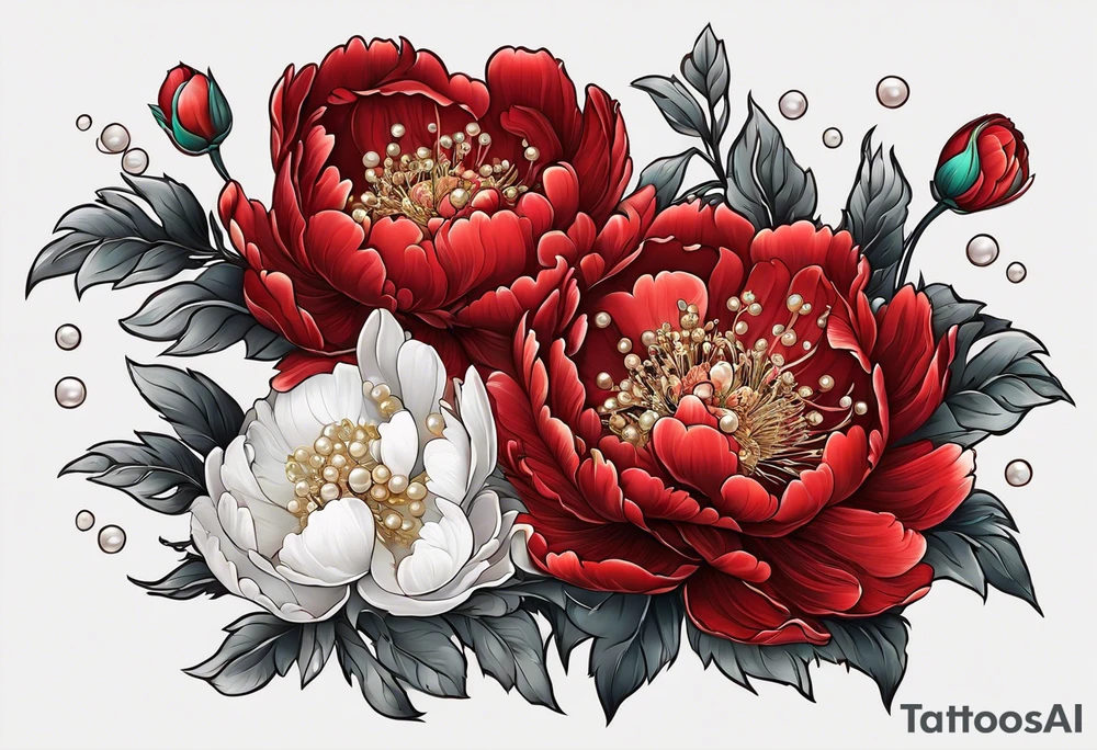 Red peony with dandling pearls and bunny tattoo idea