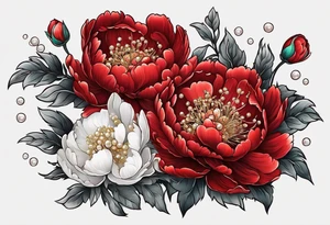 Red peony with dandling pearls and bunny tattoo idea