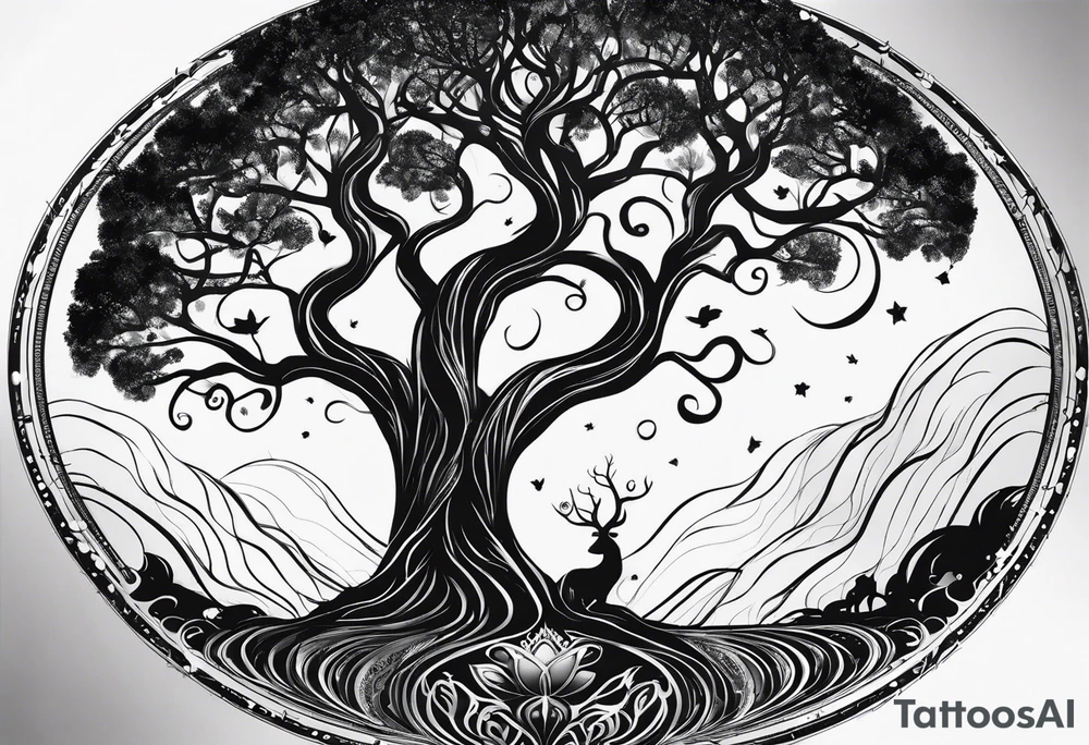 circle of life tree
the roots of the tree wrapped around a planet
the planet is below the tree
the roots of the tree are wrapped around the planet tattoo idea