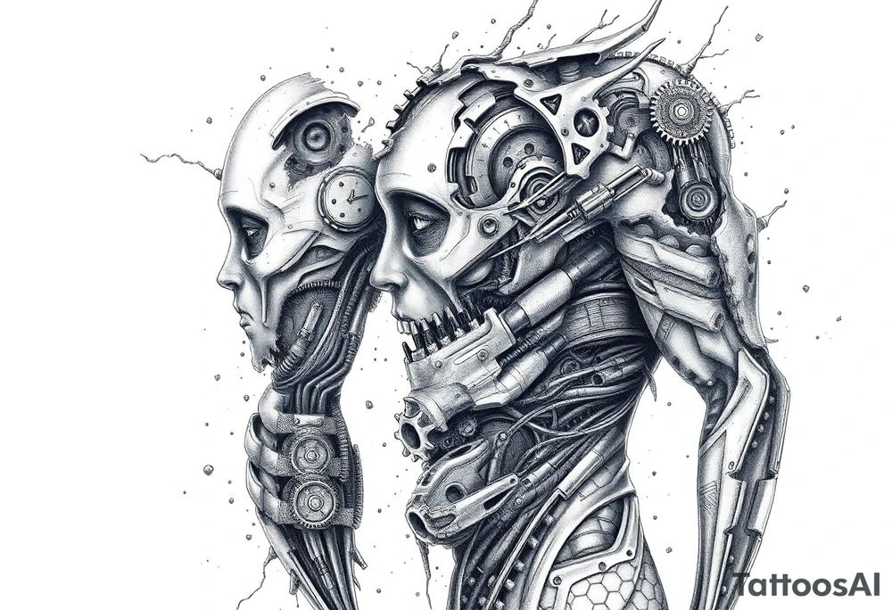 A full sleeve tattoo design The design features a melted skin effect, revealing detailed robotic parts and mechanical components underneath. The melted skin appears torn and organic, seamlessly transitioning to intricate gears, wires, and futuristic machinery beneath, creating a striking fusion of human and robotic elements. tattoo idea