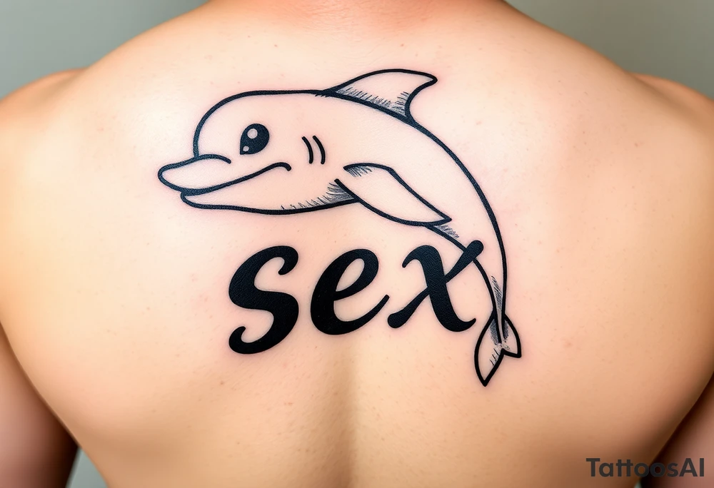 Cartoon dolphin with a mischievous face humping the word sex tattoo idea