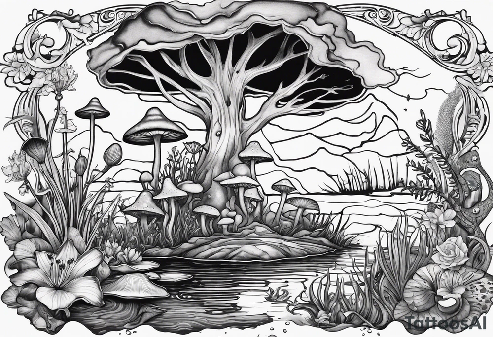 A bayou that has cypress trees, mushrooms, wild flowers, lily pads, frogs, and bugs with a mermaid in the background that is singing music. tattoo idea