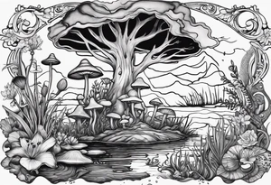 A bayou that has cypress trees, mushrooms, wild flowers, lily pads, frogs, and bugs with a mermaid in the background that is singing music. tattoo idea