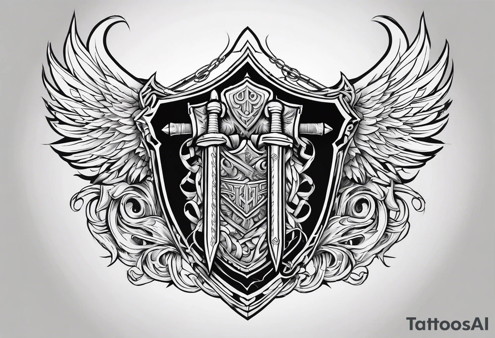 Valhalla sword fire chains shield wings tattoo idea