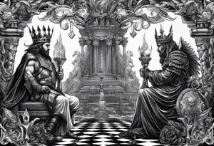 Illustrate a powerful scene where the angelic king checkmates the demonic king, symbolizing the triumph of good over evil in the strategic game of life. tattoo idea