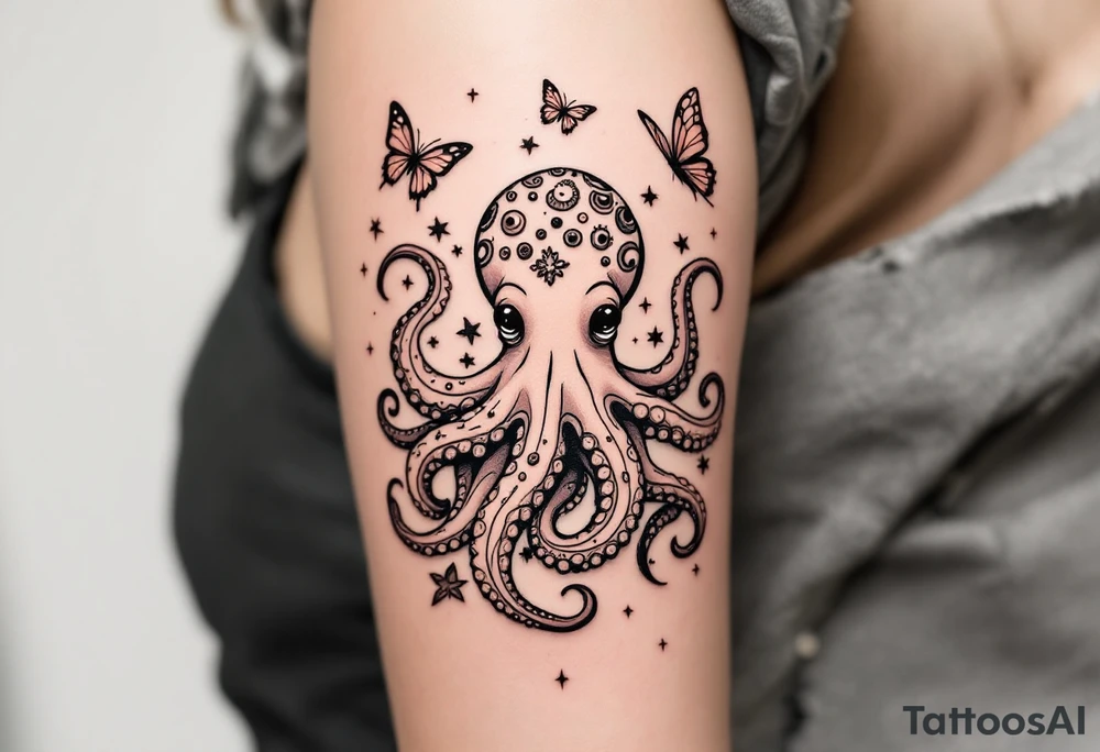 cute octopus, friendly, surrounded by butterflies and oceanic items, brown ink tattoo idea
