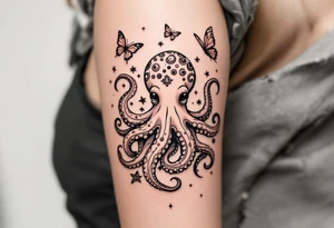cute octopus, friendly, surrounded by butterflies and oceanic items, brown ink tattoo idea