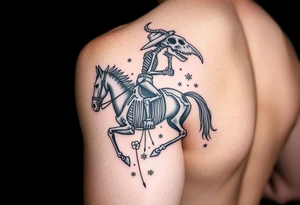 cowboy skeleton riding a horse skeleton on bicep, sized to fill most of the outer bicep. mountain/longhorn skull over the shoulder cap. Fill with (stars, dots, and flowers) tattoo idea