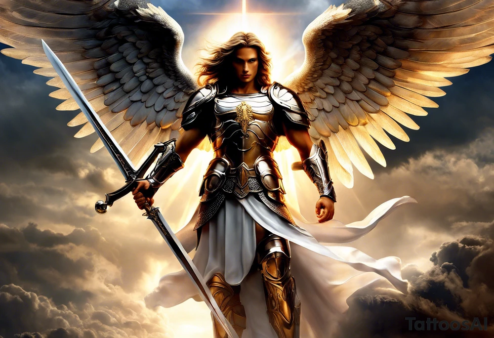 **Tattoo Design: Archangel Michael**

- **Central Theme**: Archangel Michael, majestic and powerful, stands ready with a raised sword, prepared to battle evil.
- **Appearance**: The figure of Archangel Michael depicted in full angelic armor, with majestic wings spread wide.
- **Expression**: His stance conveys strength, courage, and determination in defense of good.
- **Details**: Focus on intricate details such as facial features, armor embellishments, and the raised sword.
- **Background**: May be stylized as celestial, with rays of light or clouds, accentuating the divine presence of Archangel Michael.
- **Placement**: Intended for placement on the chosen body area, with the option to adjust the size according to personal preferences. tattoo idea