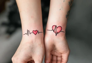 A heartbeat line turning into a pink heart on one and a matching red heart fading into a heartbeat on the other. tattoo idea