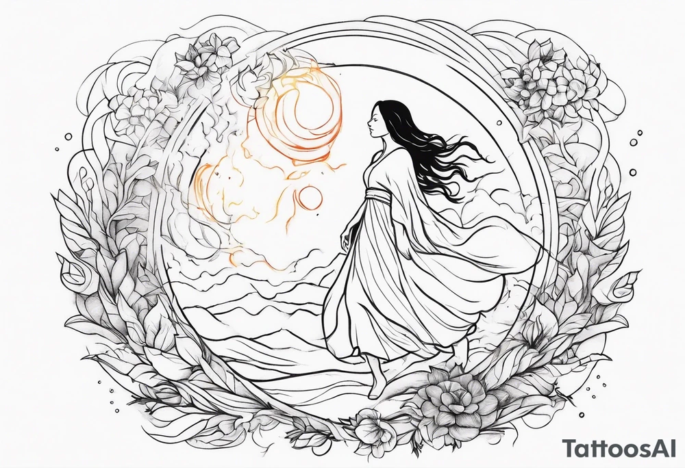 Resurrection Beautiful Woman walking through fire and chaos to inner peace and self-love  ethereal tattoo idea