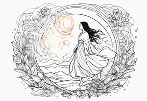 Resurrection Beautiful Woman walking through fire and chaos to inner peace and self-love  ethereal tattoo idea