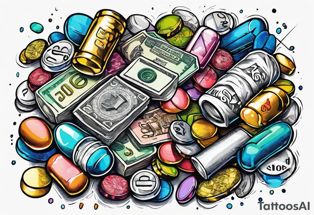 pills, drugs, euro bank notes, bank cheques, police, walkietalkies tattoo idea