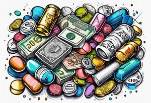 pills, drugs, euro bank notes, bank cheques, police, walkietalkies tattoo idea