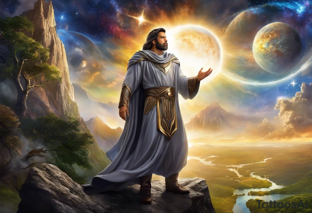 Jehovah looking out at the marvels of his creation from the atoms to the galaxy and celestial beings. With grey wash and a fantasy theme. Jehovah has to be a character who is so majestic, charismatic, immensely powerful. There isnt a single thing he isnt capable of doing. Infinitely powerful forward facing. Without the pagan styled attire and without the pagan symbols etcetera tattoo idea