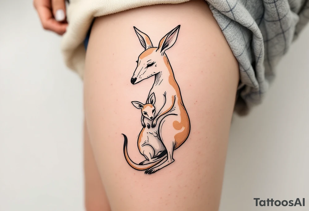 A kangaroo in warm beige carrying her joey in her pouch illustrates safety, nurturing, and constant closeness. tattoo idea