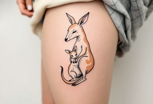 A kangaroo in warm beige carrying her joey in her pouch illustrates safety, nurturing, and constant closeness. tattoo idea