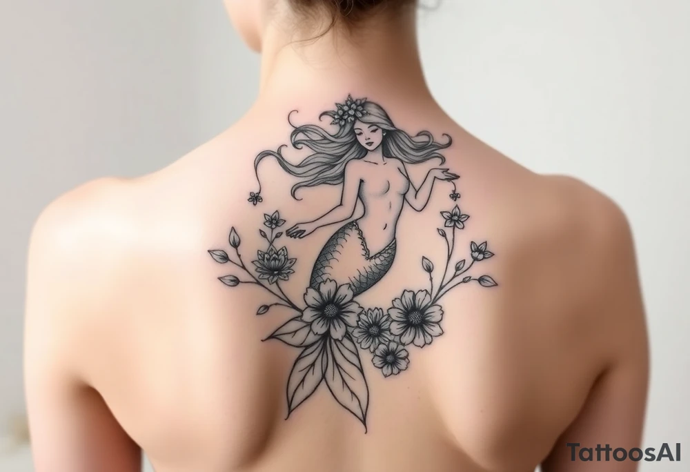 ethereal mermaid with flowing hair among coral and sea flowers tattoo idea