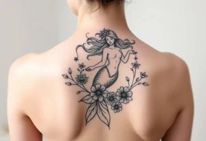 ethereal mermaid with flowing hair among coral and sea flowers tattoo idea