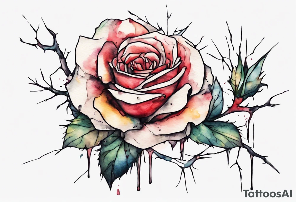 a bleeding watercolor rose, with Jesus' crown of thorns as the stem, simple, one line tattoo idea