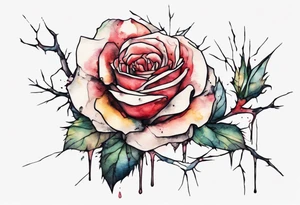 a bleeding watercolor rose, with Jesus' crown of thorns as the stem, simple, one line tattoo idea