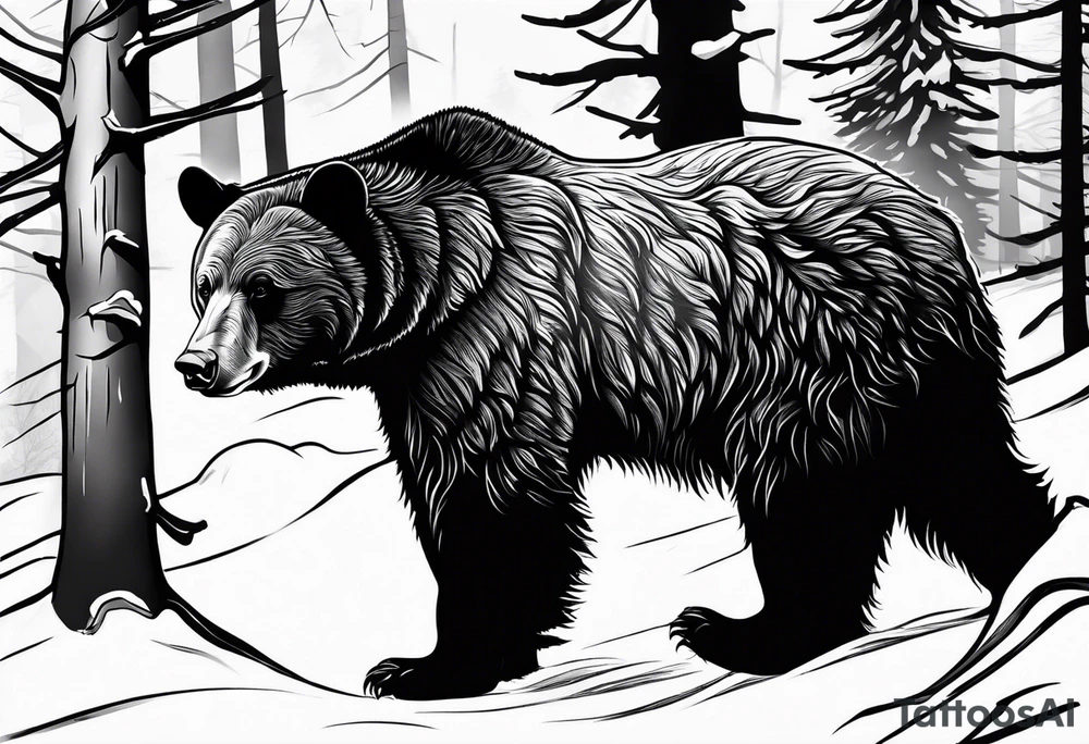 black bear in canadia winter with big trees tattoo idea