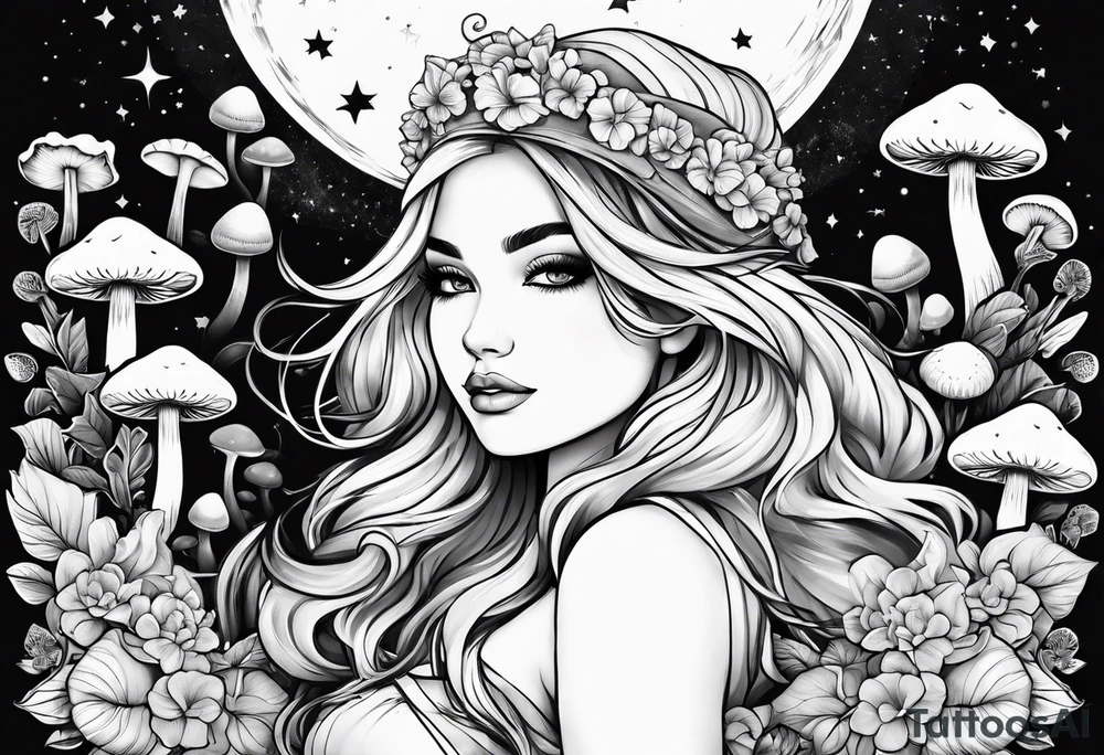 Blonde chubby Girl surrounded by mushrooms crescent moon background tattoo idea