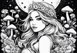 Blonde chubby Girl surrounded by mushrooms crescent moon background tattoo idea