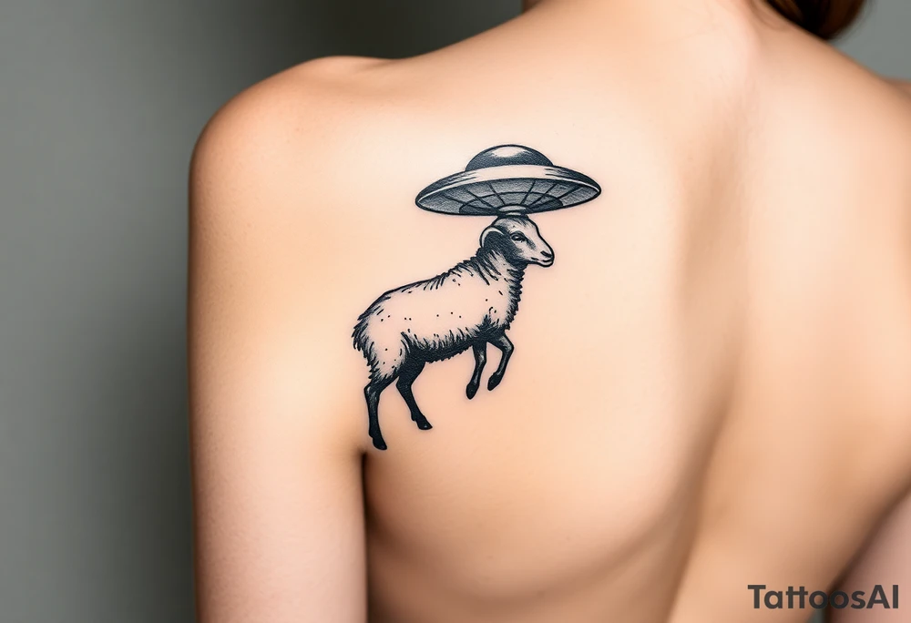 UFO abducting a black sheep. No color. Black and gray scale on back of arm above elbow tattoo idea