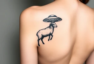 UFO abducting a black sheep. No color. Black and gray scale on back of arm above elbow tattoo idea