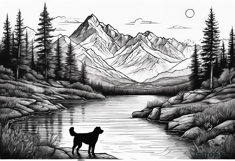 nature, sunset, mountains, a father and son hiking with their dog and cat by the water and a cross in the distance tattoo idea
