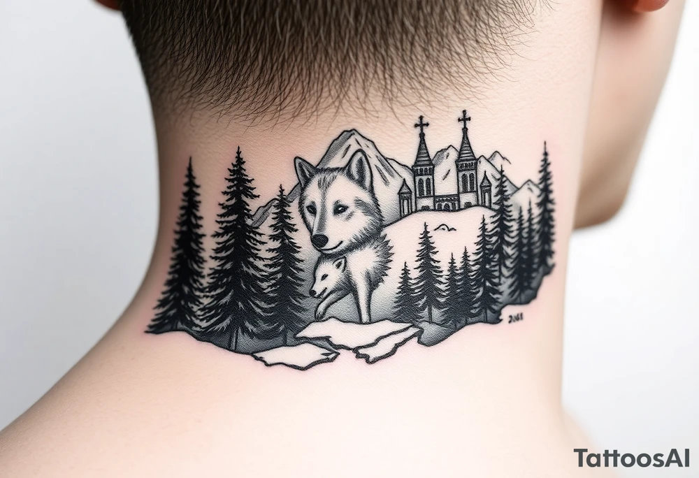 Nature/Landscape

Wolves in a pine forest (extending the tree line you already have)
A Russian bear emerging from the treeline
Snow-capped mountains behind the church scene tattoo idea