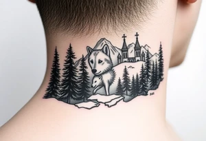 Nature/Landscape

Wolves in a pine forest (extending the tree line you already have)
A Russian bear emerging from the treeline
Snow-capped mountains behind the church scene tattoo idea