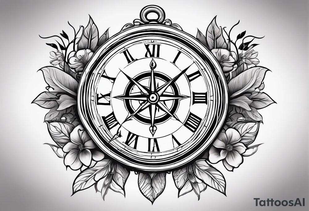 combination of a nautical compass and a old school clock face, and a doctor bird and tree of life and decorated with lignum vitae flowers, 3/4 sleeve on arm, flowing down the arm tattoo idea
