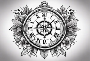 combination of a nautical compass and a old school clock face, and a doctor bird and tree of life and decorated with lignum vitae flowers, 3/4 sleeve on arm, flowing down the arm tattoo idea