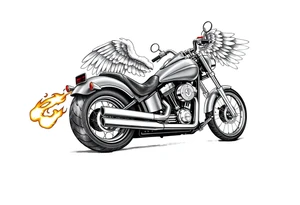 Low rider grey motorcycle, big muffler pipes with flames, angel wings, driving away, no person tattoo idea