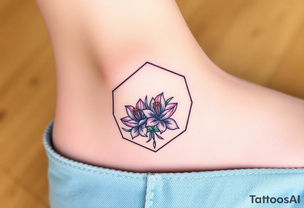 Faint Hexagon with Leo, larkspur and water lilies in the center tattoo idea