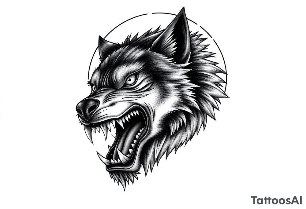 Detailed werewolf muzzle, bared teeth, glowing eyes, crescent moon silhouette behind. tattoo idea