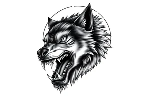 Detailed werewolf muzzle, bared teeth, glowing eyes, crescent moon silhouette behind. tattoo idea