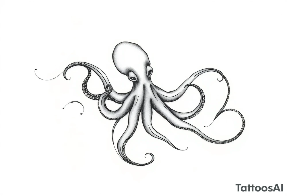 abstract tattoo design, flowing fine black lines, minimalistic style, psychedelic ink pattern, looks like gasoline or oil floating on water, iridescent texture implied, delicate and organic line swirls, elegant liquid shapes, abstract stream of ink, subtle illusion of an octopus, hidden tentacle forms, not literal animal, just hints, emerging in the fluid forms, surreal and trippy vibe, feminine and graceful, non-representational, semi-random ink trails, vapor-like flow, inspired by oil slicks, smoke or mist patterns, dynamic and hypnotic, modern abstract linework, echo of marine shapes, no solid fills, transparent and airy, Pis Saro and Balazs Bercsenyi inspiration, Do not draw an actual octopus – suggest it subtly through abstract flowing shapes, Focus on the liquid movement and gasoline texture, Imitate the look of black linework mimicking iridescent oil swirls, Psychedelic ink pattern that resembles tentacles but stays abstract tattoo idea
