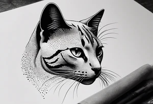 Design a simple outline tattoo of a cat stretching, embodying grace and flexibility, perfect for a subtle yet expressive design tattoo idea